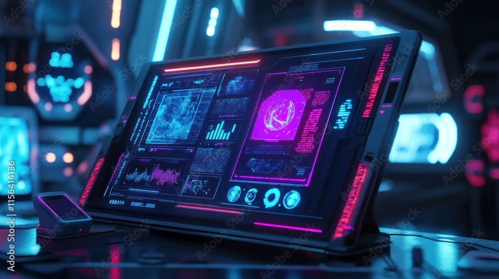 Poster Futuristic tablet displaying data analytics and graphs in a neon-lit high-tech environment.