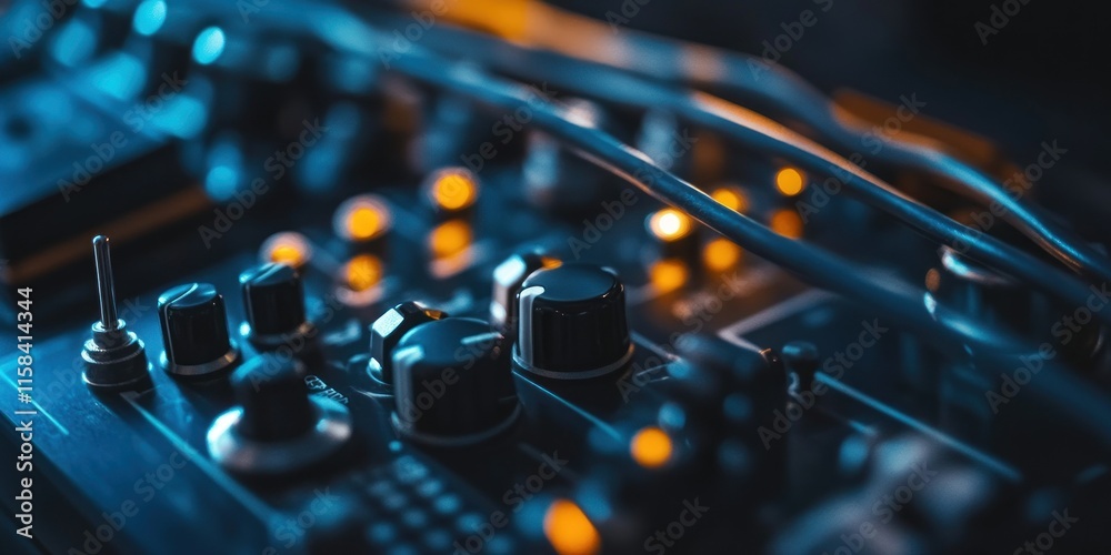 Poster close-up of audio mixing console knobs and cables.
