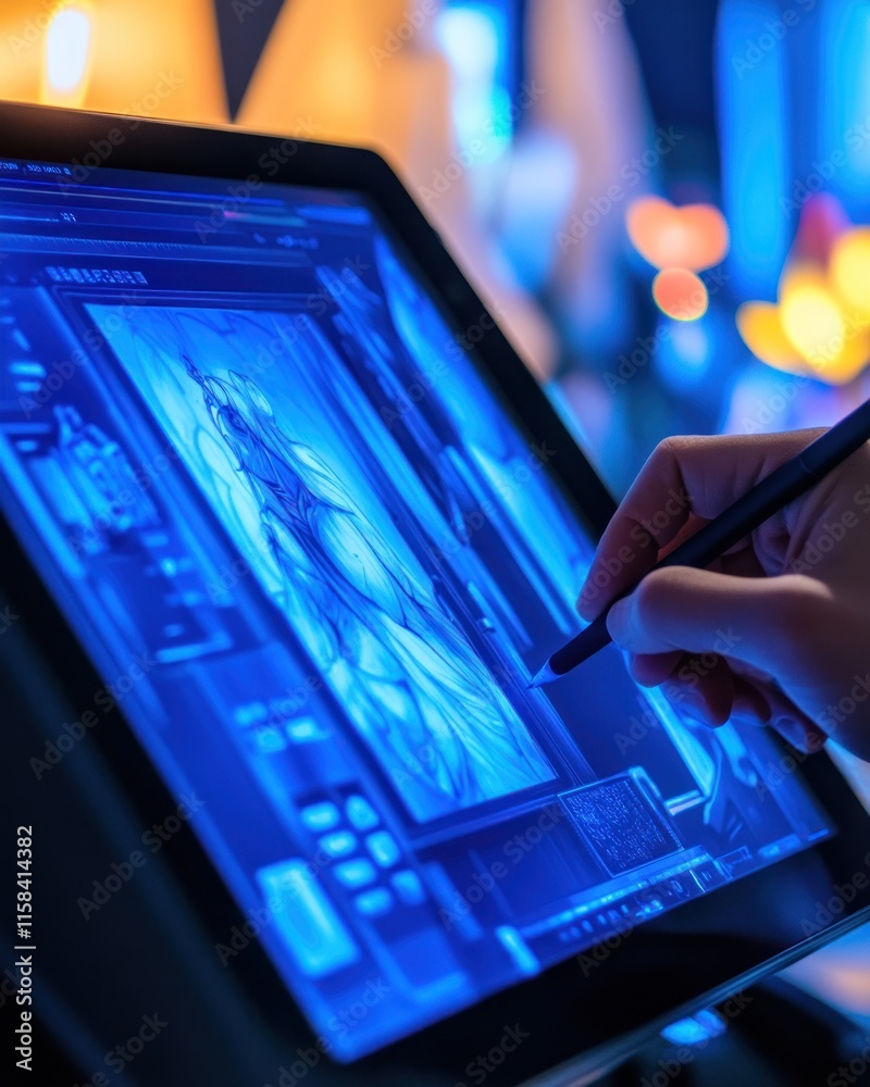 Aufkleber hand using stylus on digital drawing tablet, creating artwork.