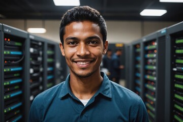 Close portrait of a smiling young East Timorese male IT worker looking at the camera, against dark server room blurred background.