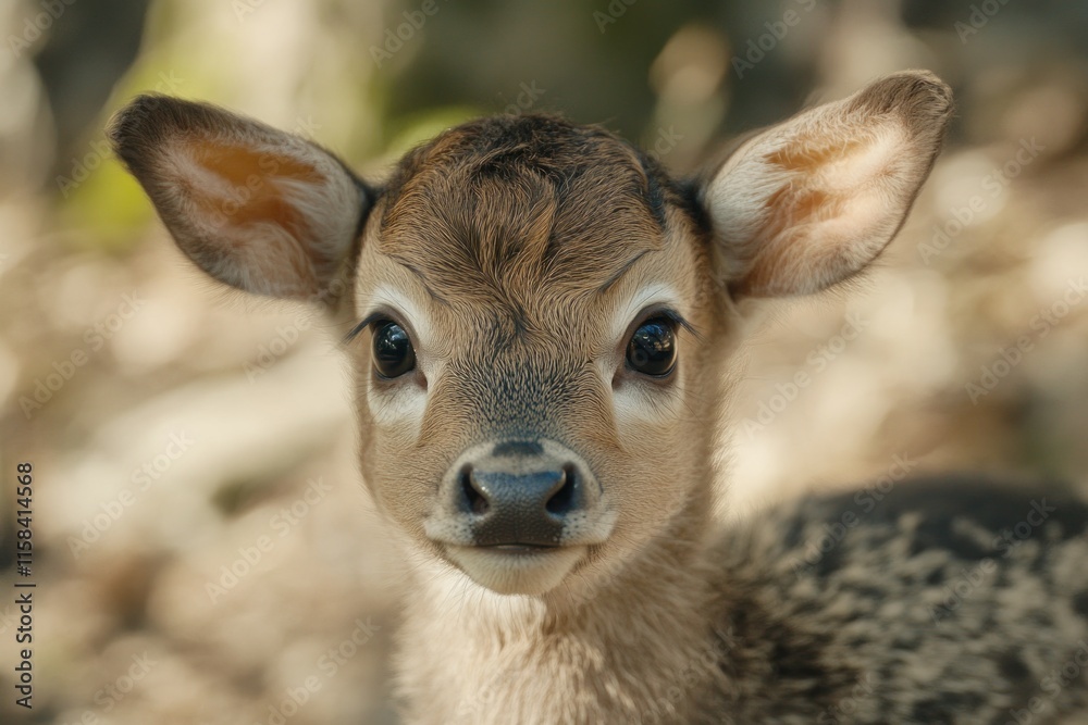 Poster close-up portrait of a cute fawn with large ears and expressive eyes, looking directly at the camera