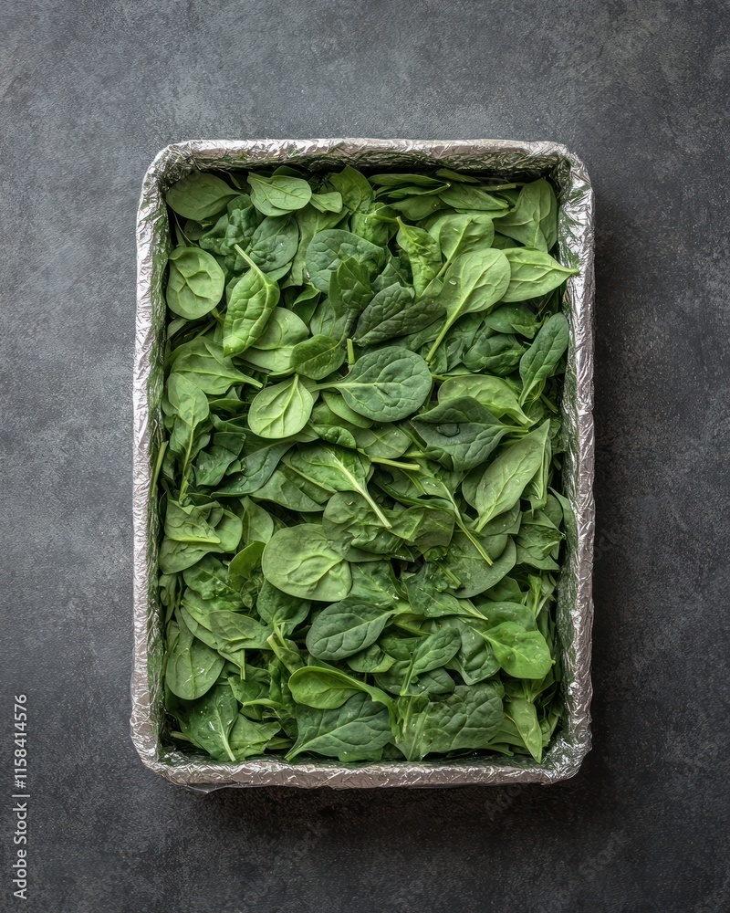 Poster Fresh spinach leaves in aluminum container, overhead view.