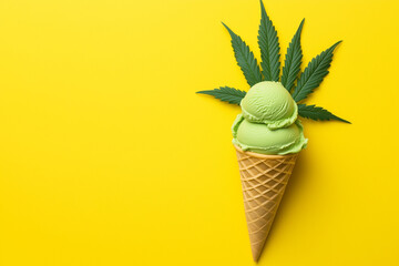 Cannabis leaf over green ice cream cone isolated on yellow background