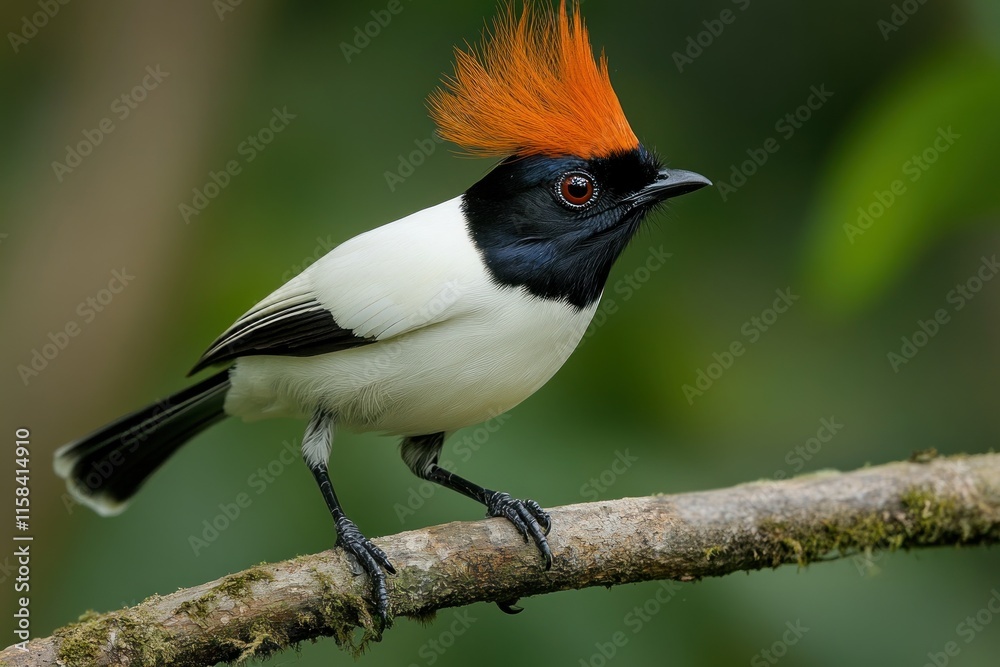 Poster a vibrant bird with a striking orange crest perched on a branch, showcasing its unique plumage and c