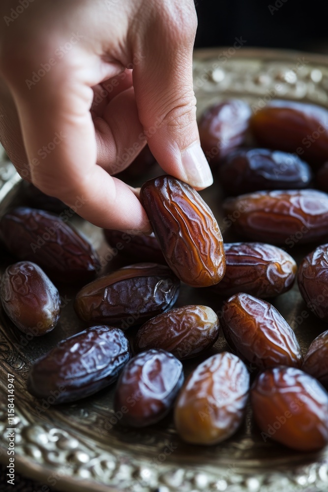 Poster Close-up of a hand picking a date fruit from a bowl of dates.