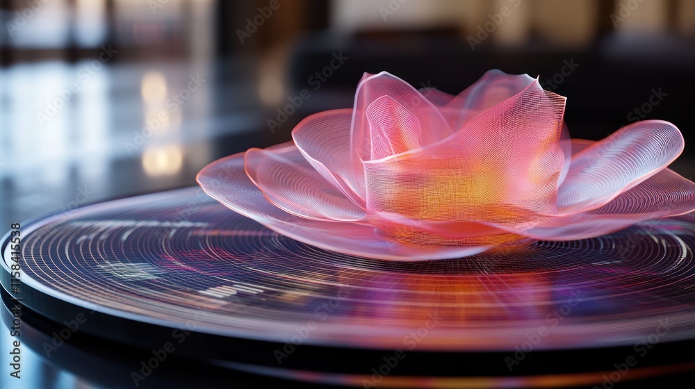 Poster abstract pink translucent flower on a dark circular platform.