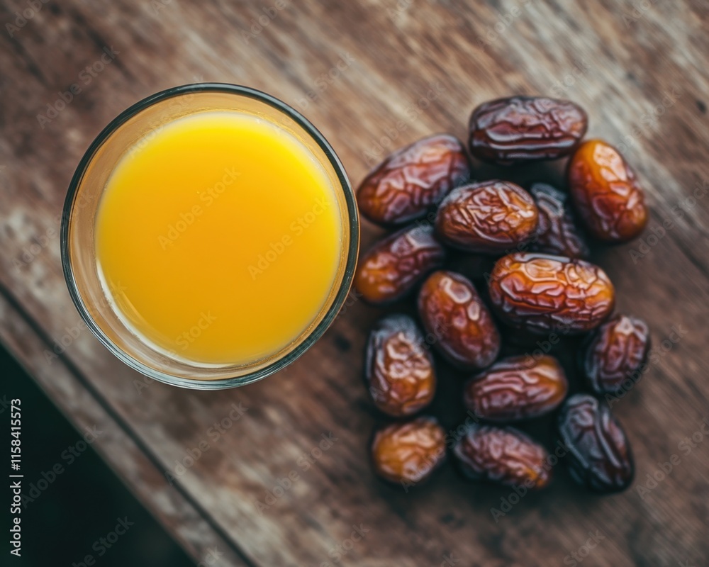 Poster top view of orange juice and dates on wooden surface.