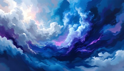 A abstract painting depicting clouds and lightning in a dynamic sky, showcasing vibrant colors and movement