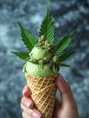 Cannabis leaf over green ice cream cone