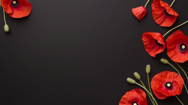 Stylish black frame with subtle red, white and blue details, combined with delicate poppy highlights, designed for Veterans Day tribute and customizable text space.