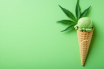 Cannabis leaf over green ice cream cone isolated on green background