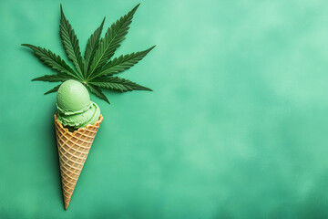 Cannabis leaf over green ice cream cone isolated on green background