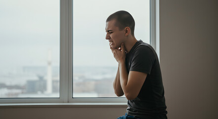 A young man sits by a window, holding his throat, expressing distress or discomfort.