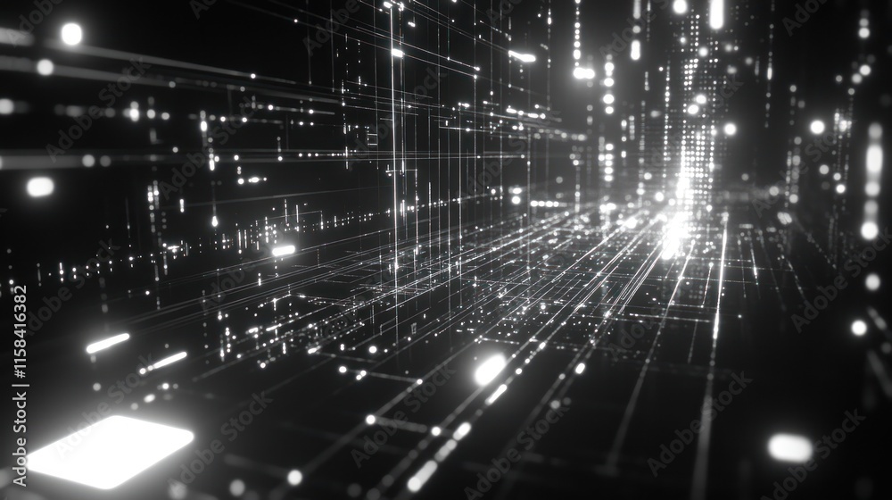 Poster Abstract digital tunnel of glowing lines and data streams in dark space.