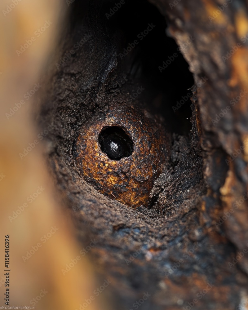 Leinwandbilder close-up of a small, dark object nestled inside a hole in decaying wood, showing intricate textures 