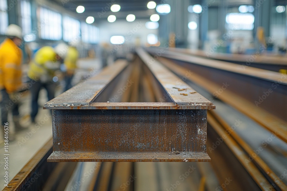 Aufkleber close-up of rusty steel beams in a factory with blurred workers in the background.