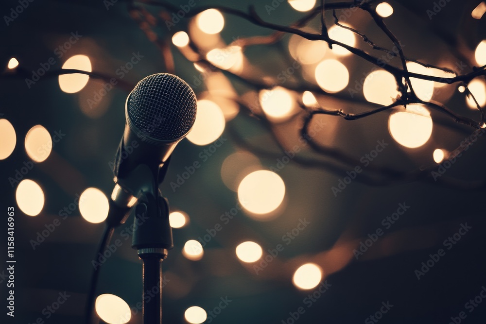 Aufkleber close-up of a microphone on a stand against a bokeh background of warm fairy lights.