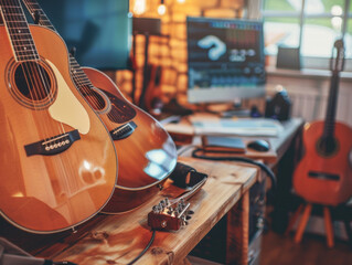 Acoustic Guitar and Music Composition on Desk