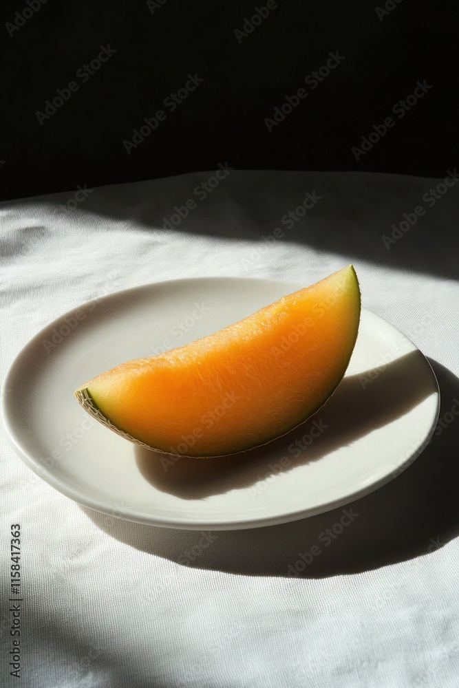 Poster a single slice of ripe cantaloupe on a plate in sunlight.