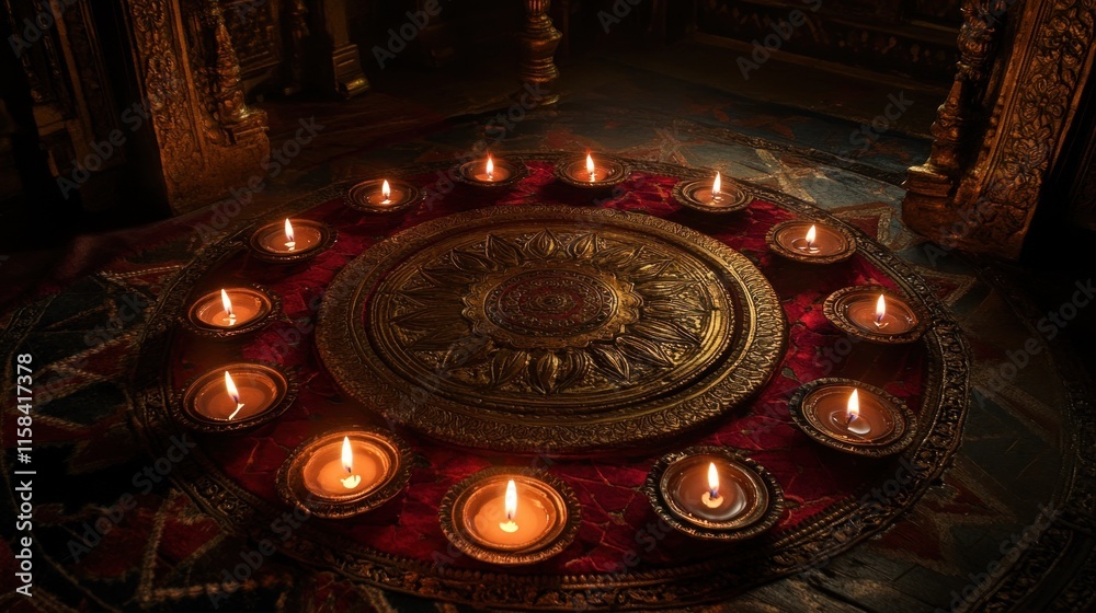 Aufkleber illuminated diyas arranged in a circle around an ornate golden platter on a richly colored carpet.