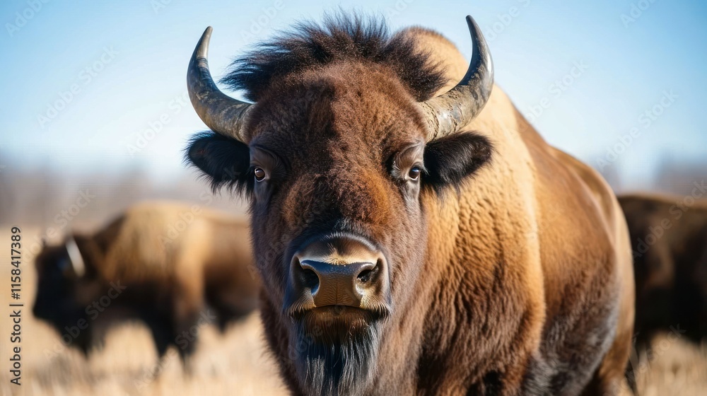 Poster close-up of a bison with large horns staring directly at the camera, other bison blurred in the back