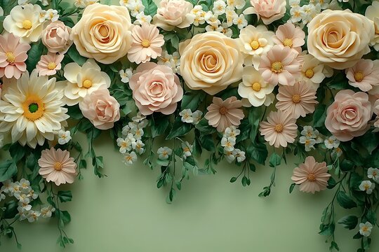 Delicate pastel paper flowers arranged beautifully on green background