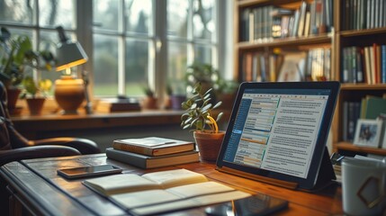 A tablet on a desk surrounded by study materials, displaying split screens with a note-taking app and a digital textbook. The setting reflects a modern study environment.