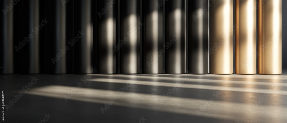Poster abstract background with dark and gold cylindrical shapes, illuminated by sunlight.