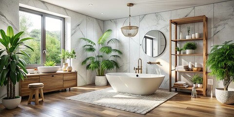 Scandinavian minimalism: light, airy bathroom, spa-like retreat, clean lines, tranquil escape.