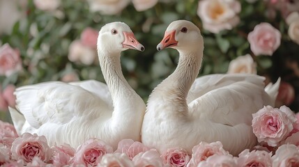 Obraz premium A pair of white geese surrounded by roses creates a bright atmosphere for Valentine's Day and other romantic occasions.