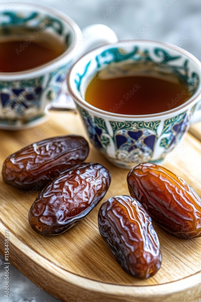 Poster two cups of tea and four dates on a wooden tray.