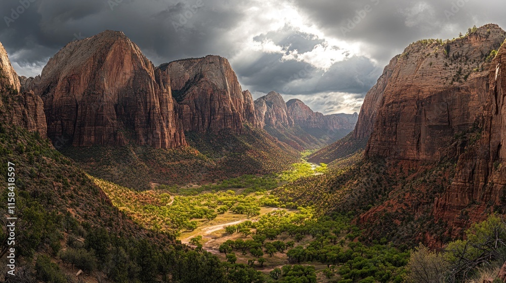 Poster dramatic panoramic view of a valley nestled between towering sandstone cliffs under a stormy sky.