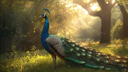Obraz premium A green peacock, elegant peacock, lush grassland, verdant trees, feathers shimmering in the sunlight.