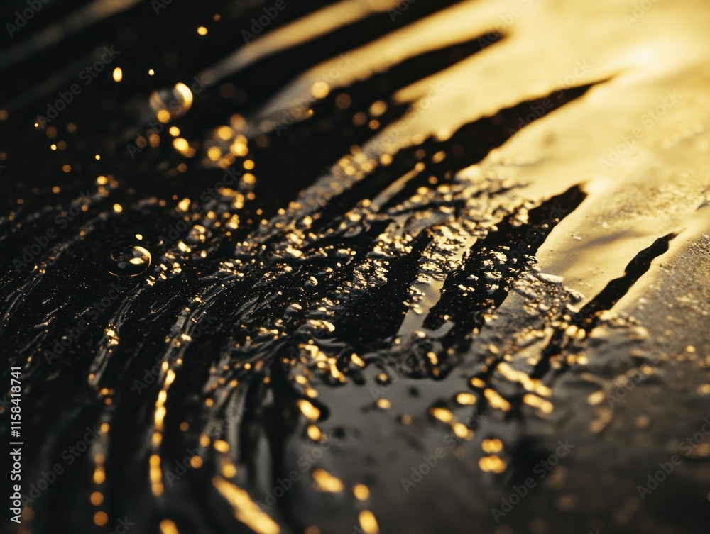 Leinwandbilder Golden liquid splashing on dark surface, creating abstract patterns and textures.