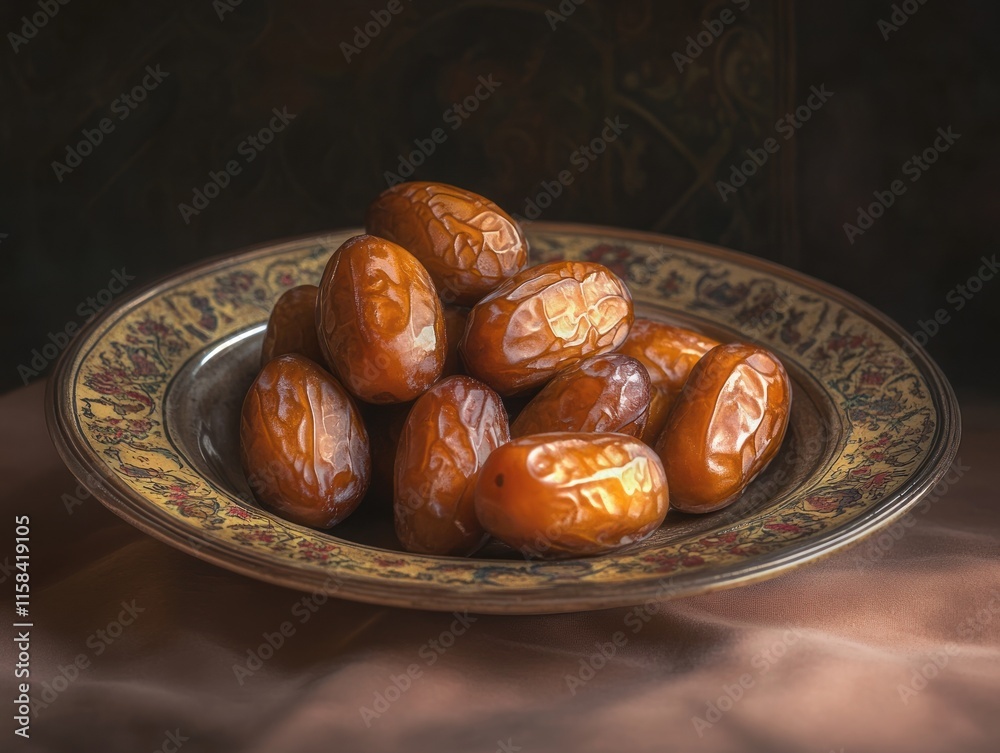 Poster Close-up of a pile of sweet dates on an ornate plate.