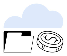 Cloud behind an open folder and dollar coin symbolizing digital storage and finance. Ideal for cloud computing, data management, digital banking, online transactions, financial technology, remote