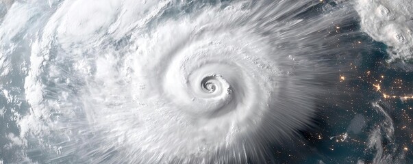 Florida hurricane idea. Aerial view of a powerful hurricane swirling over the ocean with dramatic cloud formations.