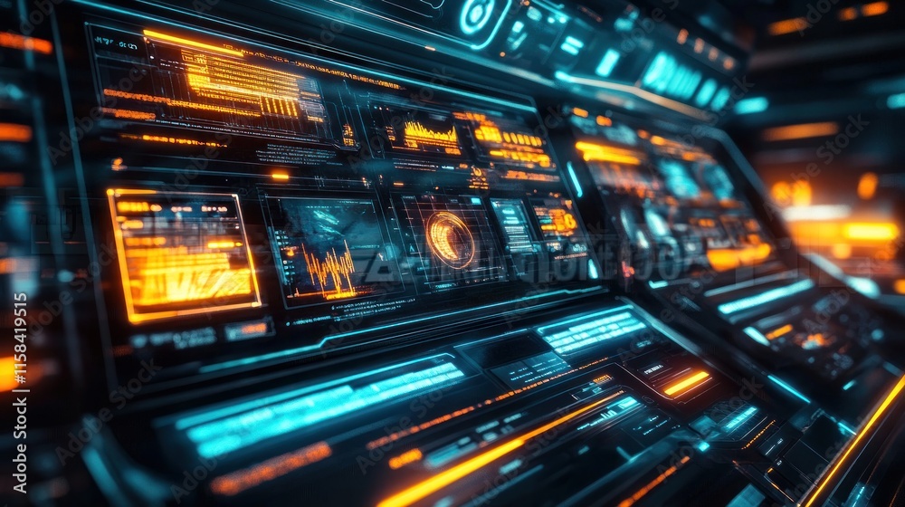 Poster Futuristic control panel interface with glowing orange and blue digital displays showing data and graphs.