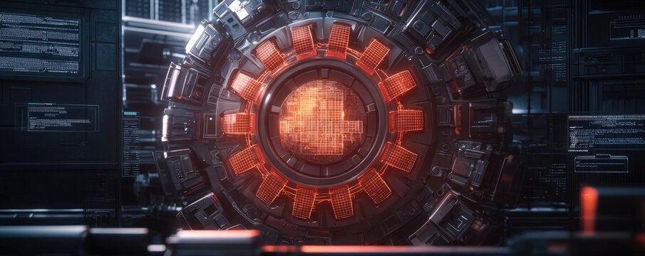 Gear Mechanism concept. Futuristic technology interface with glowing elements and complex designs.