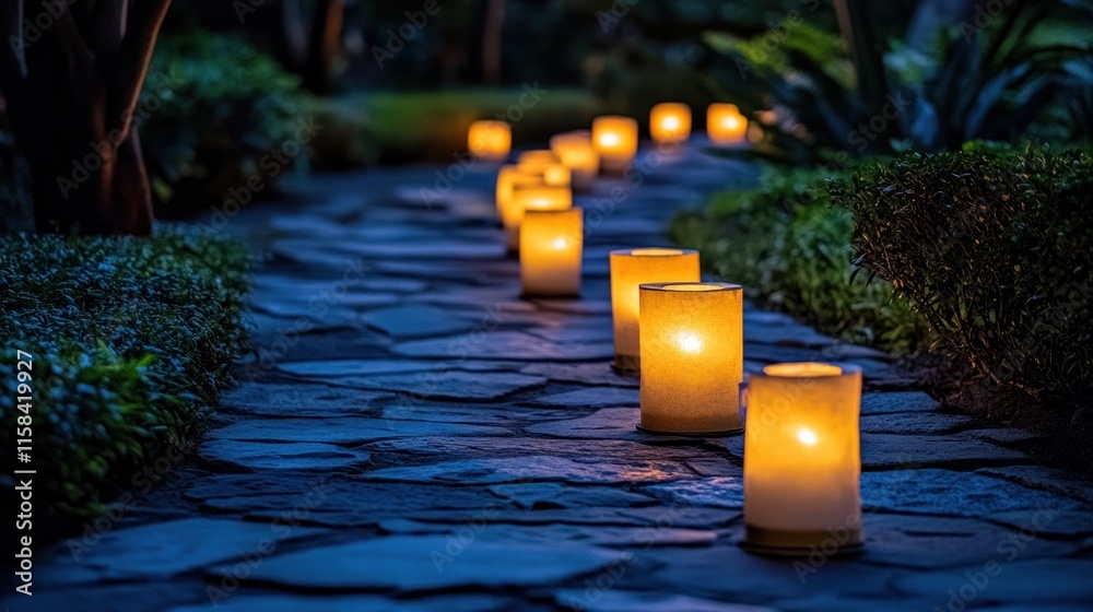 Poster illuminated stone pathway lined with glowing candles at dusk in a lush garden.