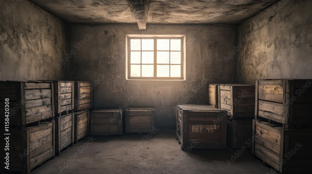 Poster dusty cellar with wooden crates near window.