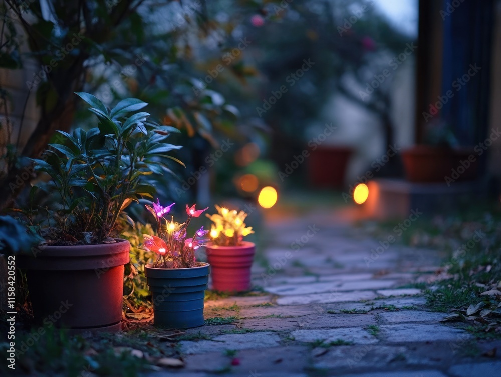 Poster illuminated flower pots on a garden path at dusk.