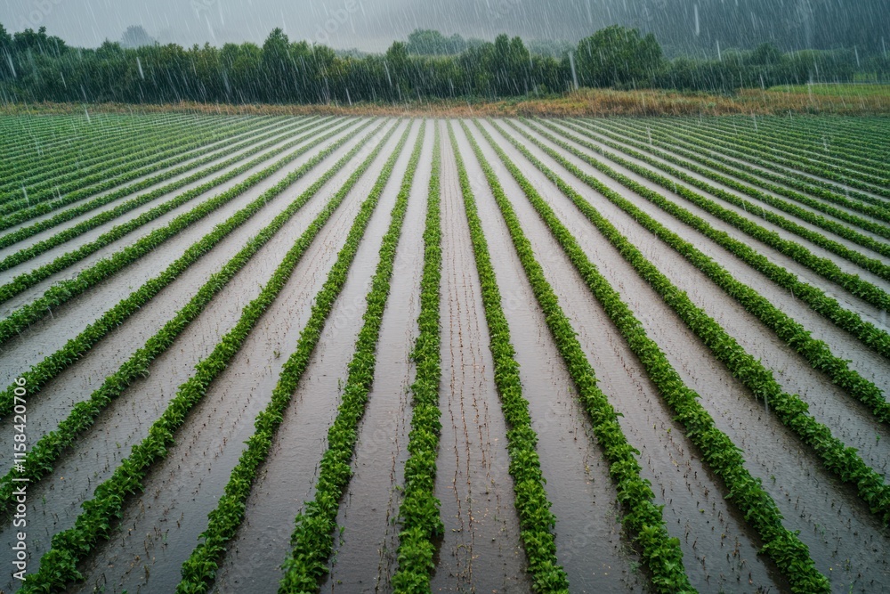 Poster aerial view of flooded agricultural field with rows of crops during heavy rainfall.