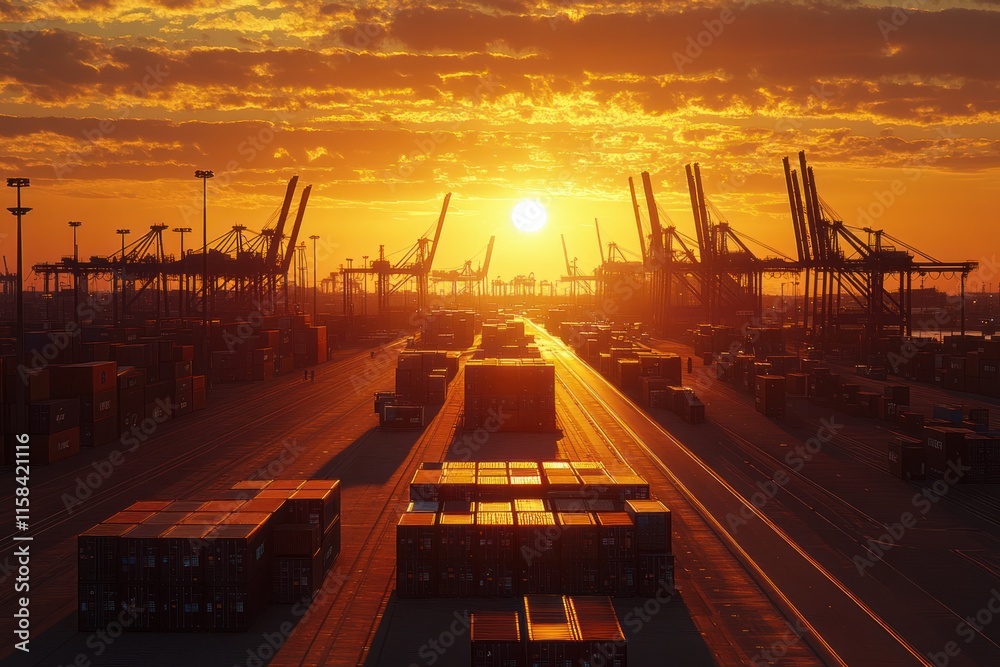 Poster dramatic sunset over a busy container port with numerous cranes and cargo containers.