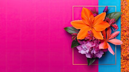 Cosmos floral abstract background concept. Vibrant floral arrangement with colorful flowers on a bright background.