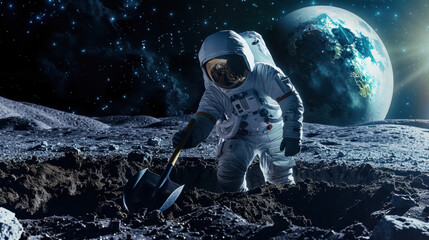 Astronaut Excavating Lunar Soil with a Shovel
