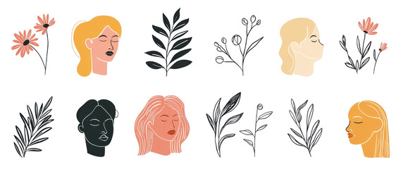 Obraz premium Artistic portraits of women surrounded by floral elements digital illustrations minimalist style creative perspective