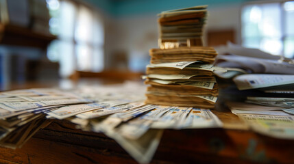Close-up of a stack of cash with financial documents, symbolizing illegal financial activities, money laundering, corruption, or financial crime concepts.