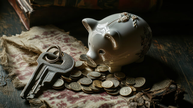 decorative piggy bank beside set of keys and scattered coins evokes sense of saving and financial planning. warm lighting enhances cozy atmosphere