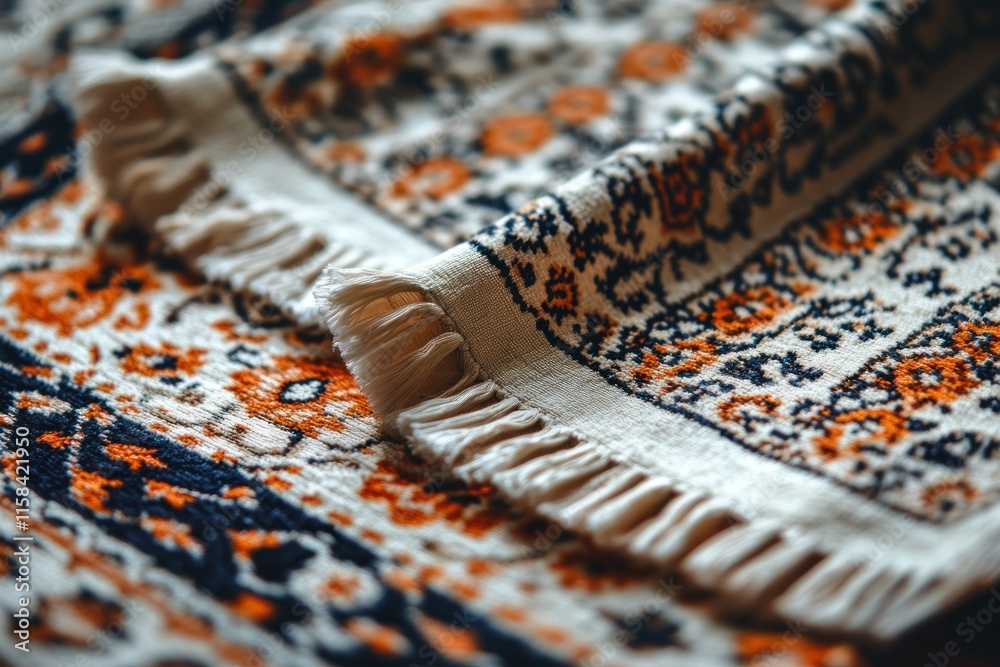 Aufkleber close-up of a textured, patterned fabric with frayed edges, showcasing intricate details and warm co